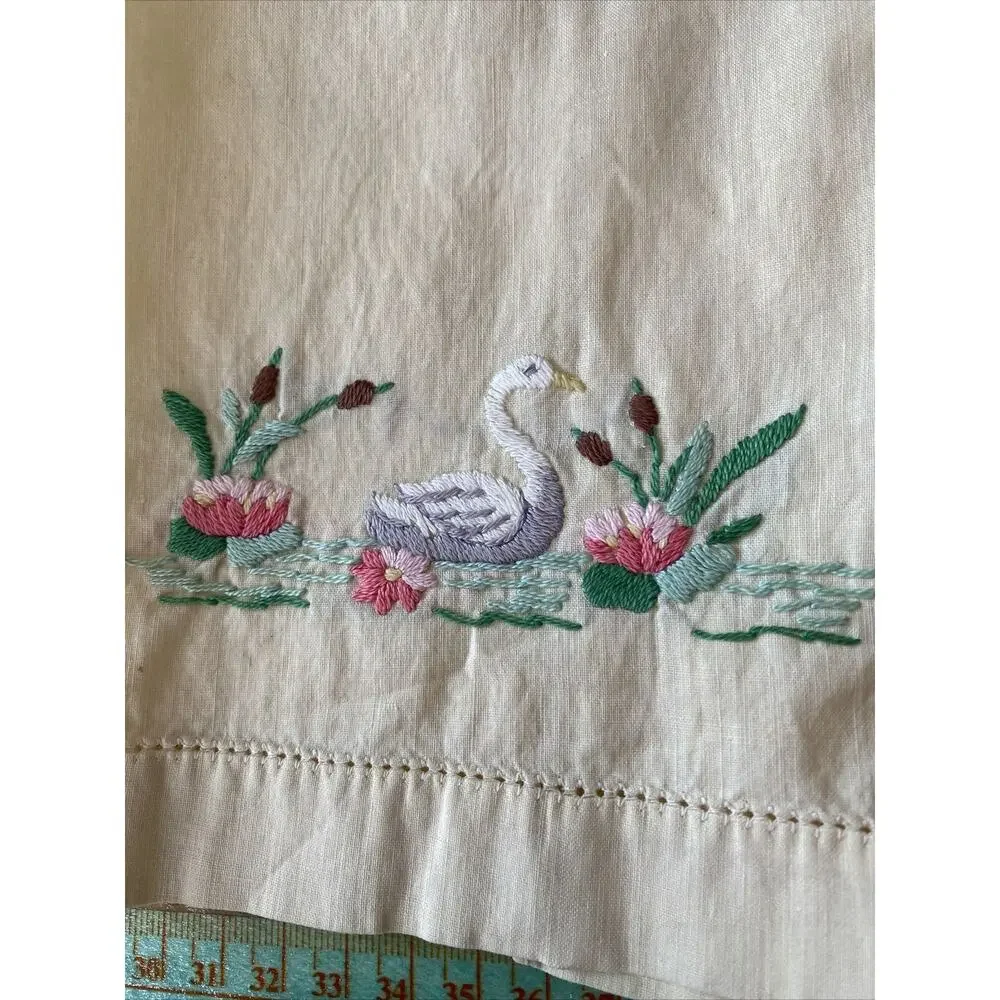 VINTAGE Hand Embroidered Lot Of 4 Dresser Scarf Guest Towel Cotton LINEN Floral